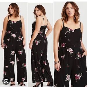 Torrid Rosy Floral Black Spaghetti Strap Jumpsuit